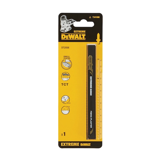 Packaged DEWALT DT2056 Extreme Series jigsaw blade for fibre and plaster, featuring TCT teeth and specifications for 65mm cutting length and 4.3mm thickness. The packaging is yellow and black with product details and a ruler scale printed on the side.