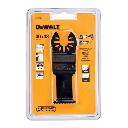 DEWALT DT20704 multi-fit oscillating blade, 30x43mm, for wood, PVC, packaged in clear blister.