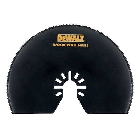 A DEWALT branded semi-circular oscillating saw blade with the text 'WOOD WITH NAILS' printed, designed for cutting wood containing nails.