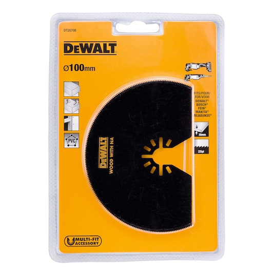 DEWALT DT20708 multi-fit accessory in packaging. The product is a 100mm wood and plastic cutting blade for use with oscillating multi-tools. It is compatible with DEWALT, Bosch, Fein, Makita, and Milwaukee tools.