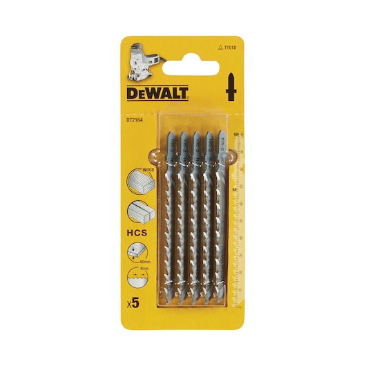 DEWALT DT2164 jigsaw blades, pack of 5, for wood. Blades in transparent plastic, yellow branded packaging.