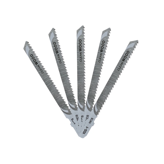 A set of five DEWALT jigsaw blades arranged in a fan shape, each labeled 'CLEAN WOOD' and designed for cutting wood.