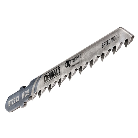 A DEWALT DT2213 Extreme Precision Cut jigsaw blade for speed wood cutting, featuring sharp teeth and marked 'HCS'.