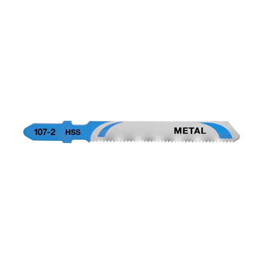 A DEWALT DT2294 metal cutting jigsaw blade with blue markings and teeth, labeled HSS 107-2 METAL.