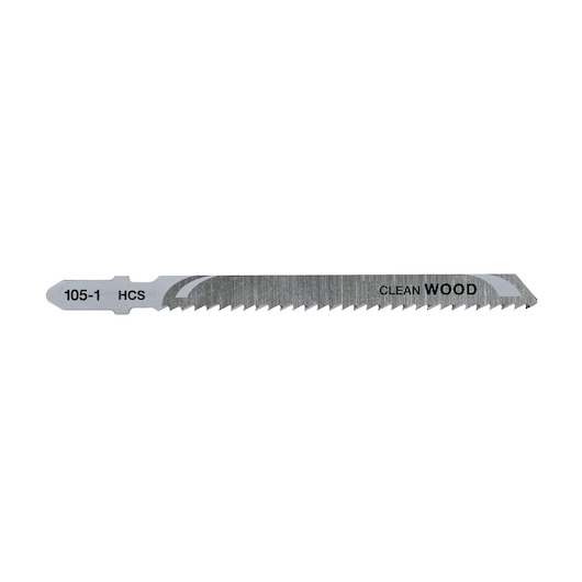 Single DEWALT jigsaw blade for clean wood cutting, serrated edge, marked with HCS 105-1.
