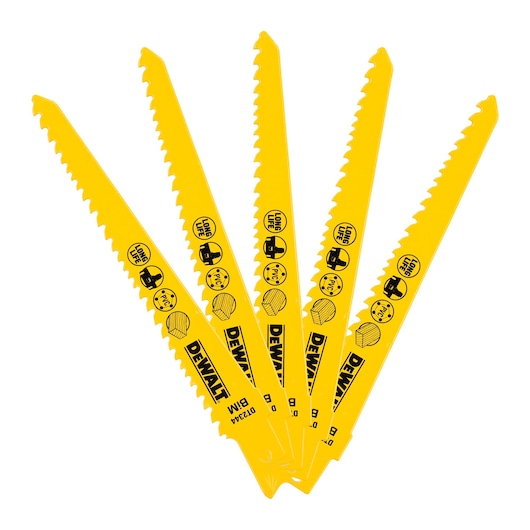 Five yellow DEWALT DT2344 reciprocating saw blades with markings, arranged in a fan shape.
