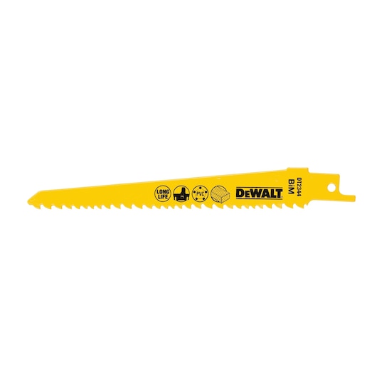 Yellow DEWALT DT2344 reciprocating saw blade for cutting wood and PVC, with logos and model number.