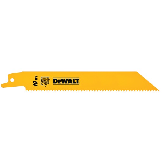 Yellow DEWALT saw blade with serrated edge, labeled 10 TPI, designed for cutting and tool use.
