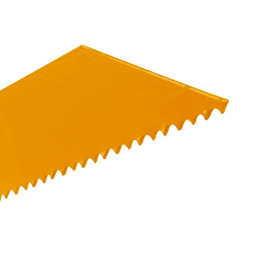 Close-up of a yellow saw blade tip with jagged teeth, part of a DEWALT DT2345 product.