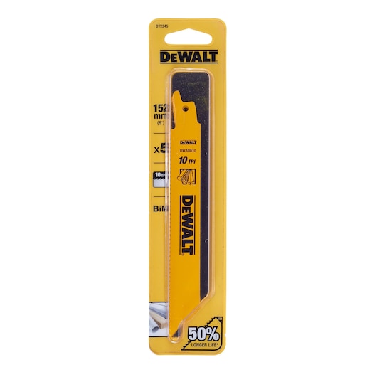 DEWALT DT2345 reciprocating saw blade, 152mm, pack of 5, yellow packaging with product info.