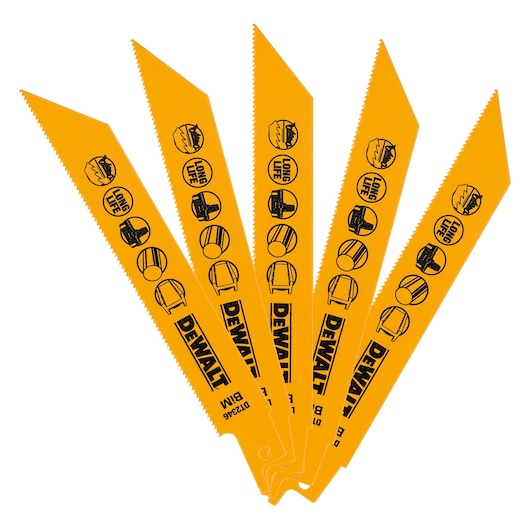 Set of five yellow DEWALT saw blades with icons and text for long life, arranged in a fan shape.