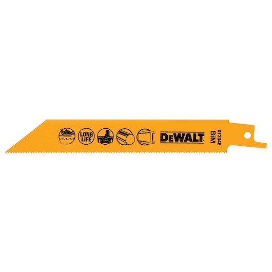 A DEWALT DT2346 BIM reciprocating saw blade, yellow in color with printed icons indicating its features, including long life and suitability for cutting various materials.