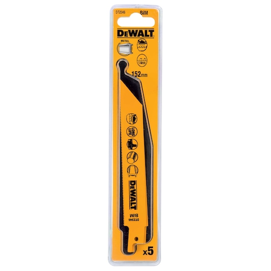 Packaging of DEWALT DT2346 reciprocating saw blades for cutting metal, with a yellow background, showing specifications such as 152mm length and BiM material. The package contains five blades.