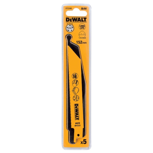 DEWALT DT2348 BiM 152mm reciprocating saw blade pack for cutting plastic and PVC. Pack contains 5 blades.