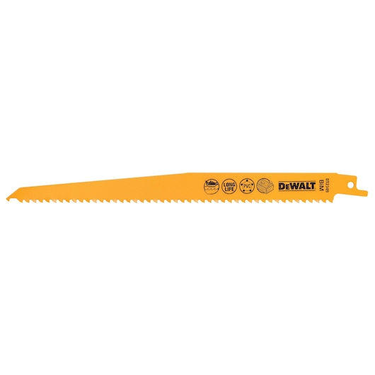 DEWALT DT2349 yellow reciprocating saw blade for cutting wood, PVC, and metal, with long life icons printed on it.