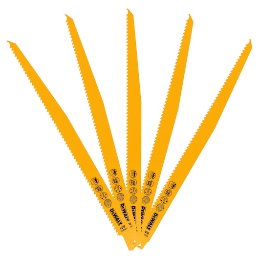 Five yellow DEWALT reciprocating saw blades are fanned out, showing serrated edges and printed icons.