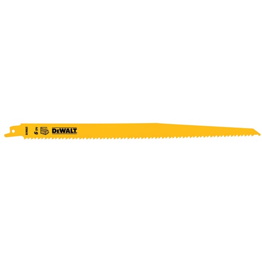 Yellow DEWALT saw blade with sharp teeth, designed for cutting wood and construction materials.