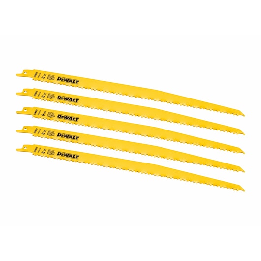 Five yellow DEWALT reciprocating saw blades arranged side by side on a white background.