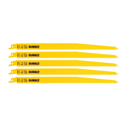 Five yellow DEWALT reciprocating saw blades arranged side by side on a white background.