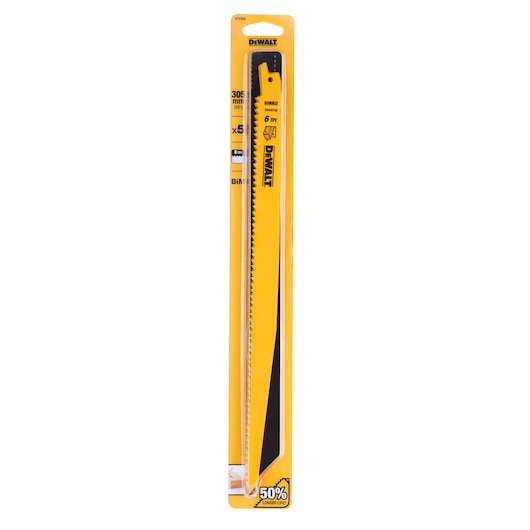 DEWALT DT2350 reciprocating saw blade pack in yellow packaging, 305mm size, for wood and metal cutting.
