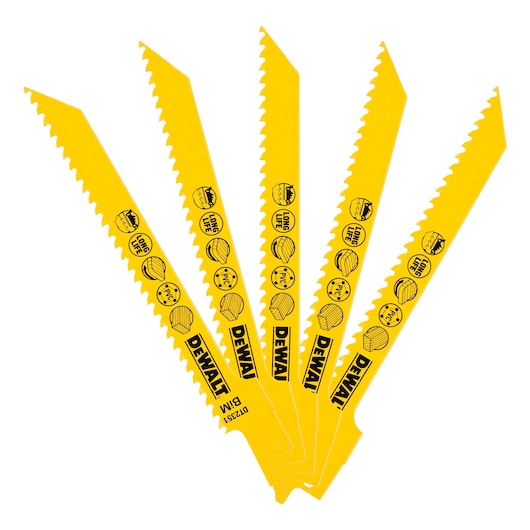 Five yellow DEWALT reciprocating saw blades fanned out, branded and labeled for various cutting applications.