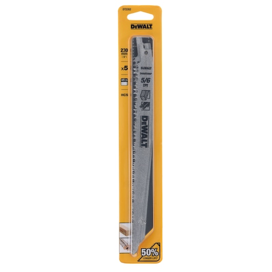 DEWALT DT2352 reciprocating saw blade pack, 230mm, 5 blades, for wood and metal, in yellow retail packaging.