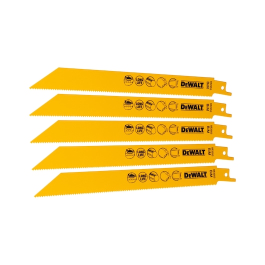 Five yellow DEWALT DT2353 reciprocating saw blades arranged in a fanned-out pattern on a white background. The blades have fine teeth and are labeled with icons and text indicating long life and material compatibility.