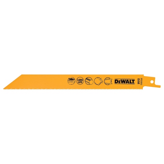 A DEWALT DT2353 reciprocating saw blade with a yellow body, serrated edge, and product markings printed on the blade.