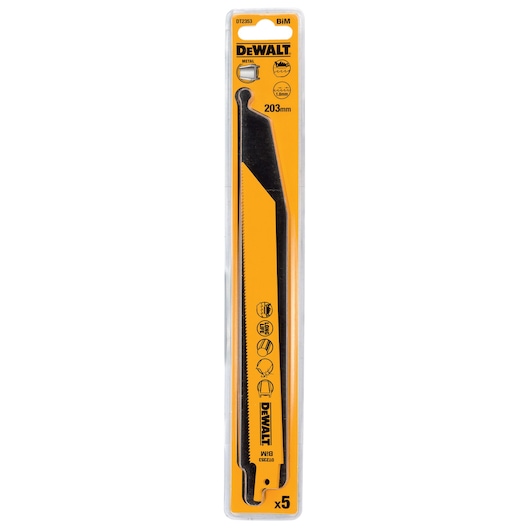 DEWALT DT2353 metal reciprocating saw blade, 203mm length, packaged in a yellow and clear blister pack. The packaging shows the DEWALT branding and icons indicating use for cutting metal. Set contains 5 blades.