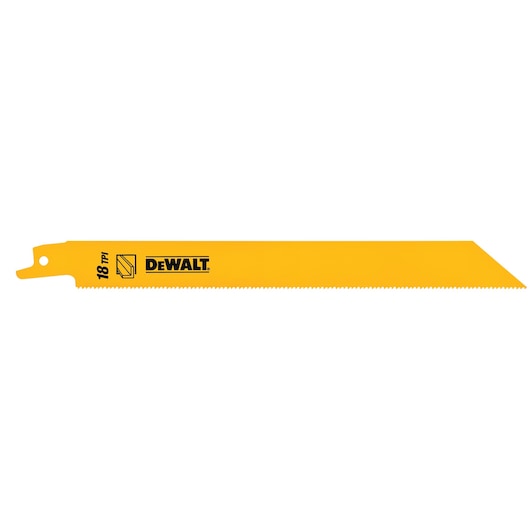 Yellow DEWALT saw blade with 18 TPI, straight design for cutting, product DT2354.