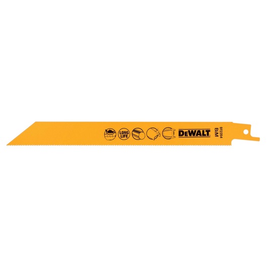 Yellow DEWALT DT2354 reciprocating saw blade for cutting metal, labeled with icons and product information.