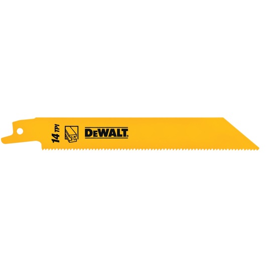DEWALT yellow saw blade with 14 TPI, designed for cutting metal or wood. Straight shape with fine teeth.