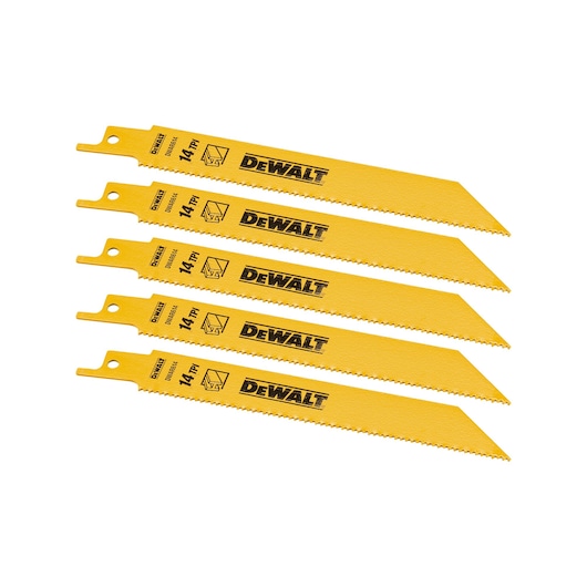 Five yellow DEWALT reciprocating saw blades with 14 TPI, arranged side by side on a white background.
