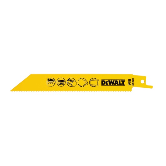 Yellow DEWALT DT2361 saw blade with icons and DEWALT logo, suitable for cutting various materials.