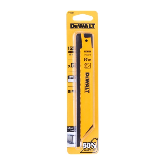 DEWALT DT2361 152mm saw blade in yellow packaging with product details and 50% longer life claim.
