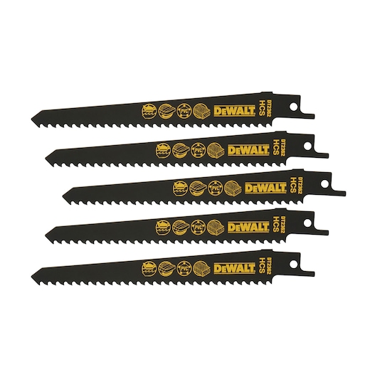 Five DEWALT DT2362 reciprocating saw blades for cutting wood and PVC, black with yellow text.