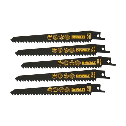 Five DEWALT DT2362 black reciprocating saw blades for wood and PVC, shown side by side.