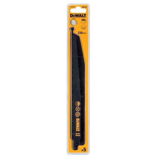 DEWALT DT2363 wood saw blade pack, 228mm length in yellow and black packaging, contains five blades.