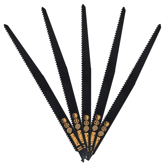Five black DEWALT reciprocating saw blades with yellow markings displayed in a fan shape.