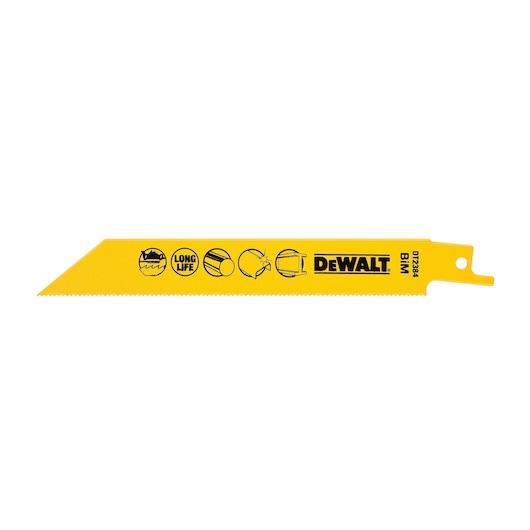 Yellow DEWALT DT2384 reciprocating saw blade with icons indicating usage and 'long life' feature.