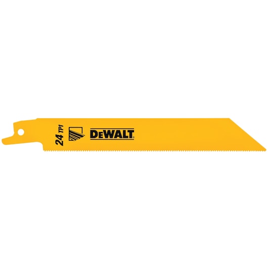 Yellow DEWALT DT2385 reciprocating saw blade with 24 TPI, used for precise cutting tasks.