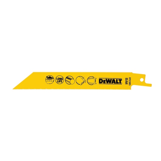 Yellow DEWALT DT2385 reciprocating saw blade for metal cutting, marked with icons and model number.