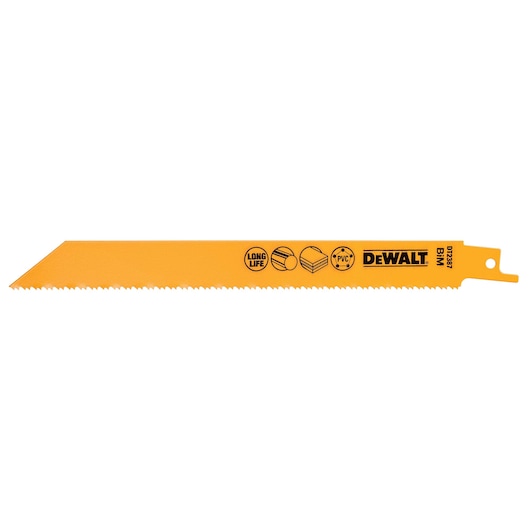 Yellow DEWALT DT2387 reciprocating saw blade with icons for metal, PVC, and long life.
