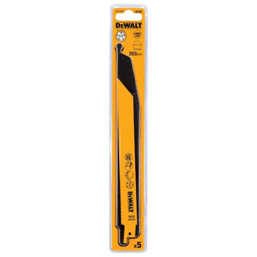 Packaged DEWALT DT2387 BIM reciprocating saw blade, 203mm length, designed for cutting plastic and PVC, shown in a yellow and black blister pack with product details and icons.