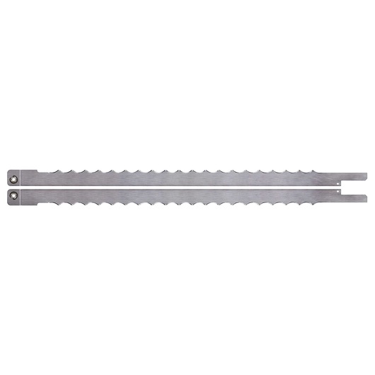 Two long, serrated metal saw blades aligned side by side, bolts visible at one end, against a white background.