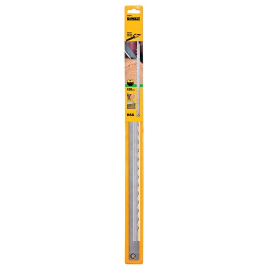 DEWALT DT2979 430mm HSS saw blade in yellow packaging, shown vertically for wood cutting.