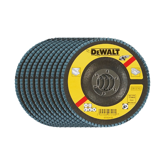 A set of DEWALT branded flap discs with abrasive surfaces, arranged in a stack. The discs have a yellow and black label with product specifications and icons.