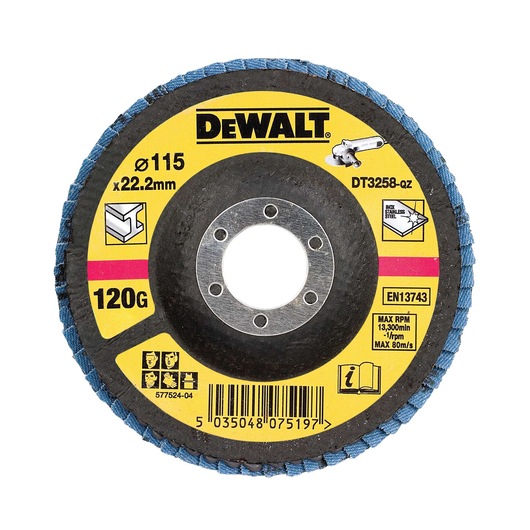 A DEWALT DT3258-QZ abrasive flap disc with a diameter of 115 mm and bore size of 22.2 mm, grit rating 120G. The disc has blue abrasive flaps around the edge and a yellow label with product specifications for use on inox and stainless steel. Safety and usage information is also visible.