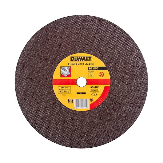 DEWALT DT3450 abrasive cutting disc for metal, circular shape with product information label at center.
