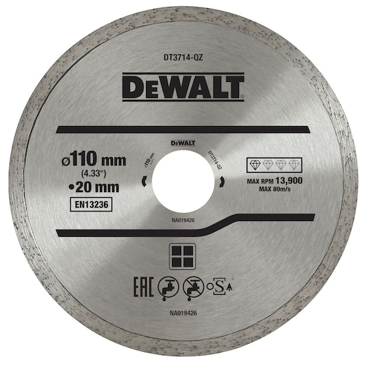 DEWALT DT3714 circular diamond blade, 110mm diameter, 20mm bore, for cutting with max 13,900 RPM.